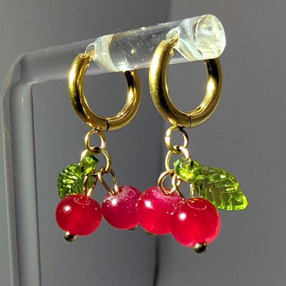 Gold Cherry Huggie Earrings, Gold Ion Plated Stainless Steel Hoops, Glass Beads - Picture 6 of 7